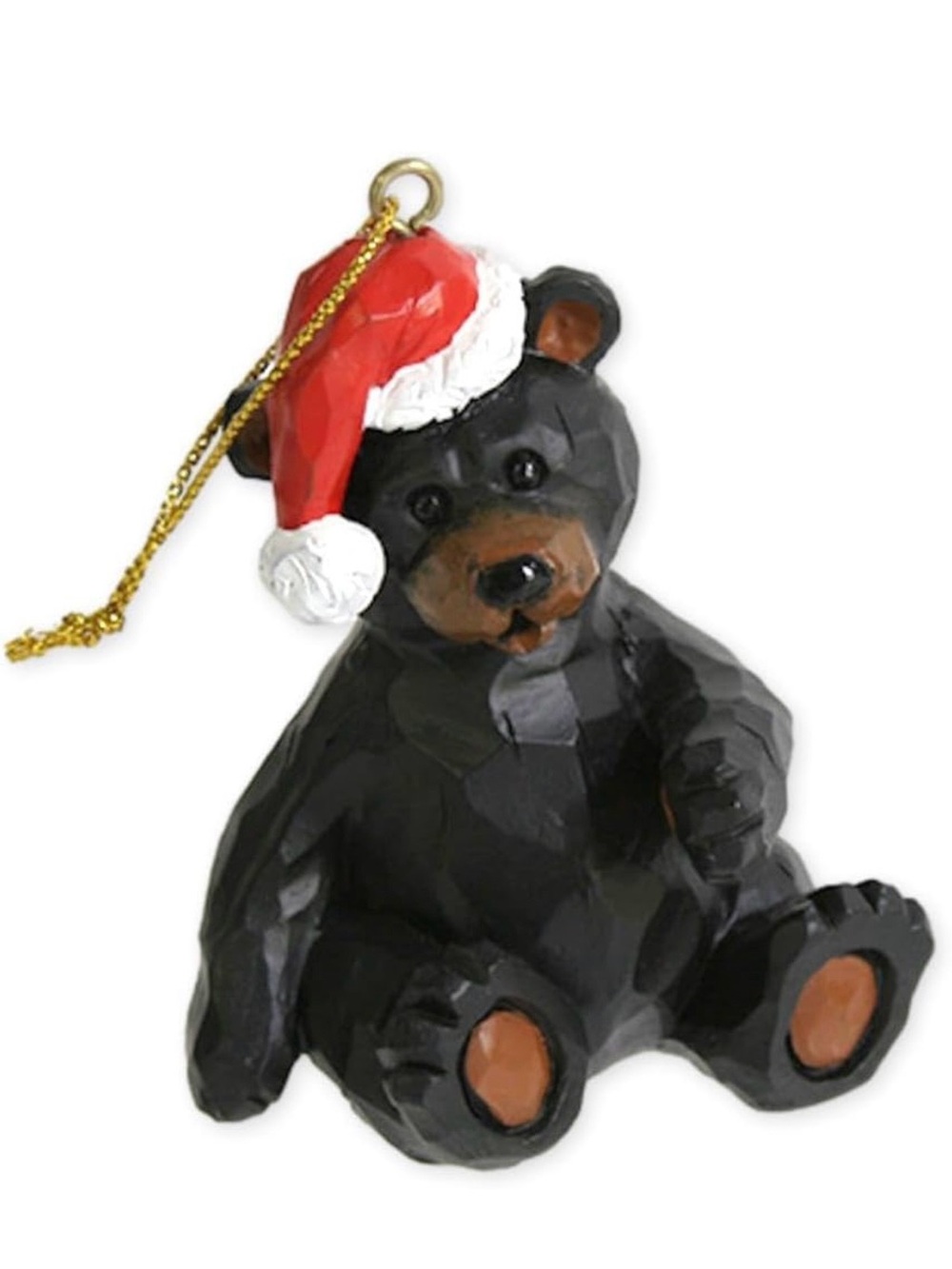 Festive Black Bear Christmas Tree Ornament Carved With Santa Hat Holiday 3” Tall